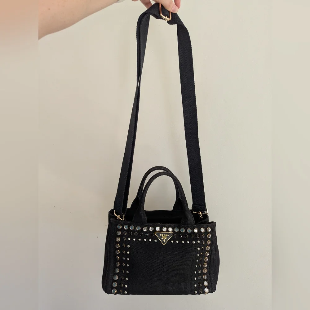 Black Prada Canapa Studded & Rhinestone Bag - Picture 5 of 17